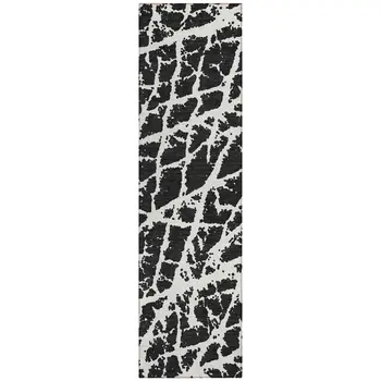 8' Runner Black and White Abstract Washable Non Skid Indoor Outdoor Runner Rug
