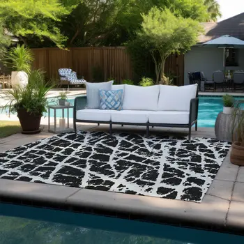 3' X 5' Black and White Abstract Washable Non Skid Indoor Outdoor Area Rug
