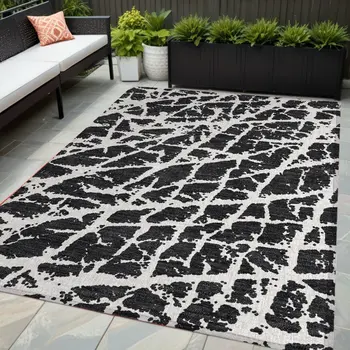 5' X 8' Black and White Abstract Washable Non Skid Indoor Outdoor Area Rug