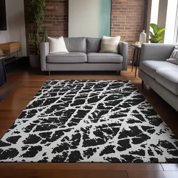 5' X 8' Black and White Abstract Washable Non Skid Indoor Outdoor Area Rug