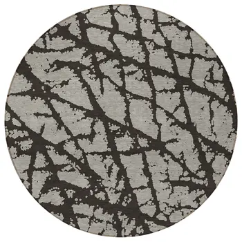 8' Round Black and White Round Abstract Washable Non Skid Indoor Outdoor Area Rug
