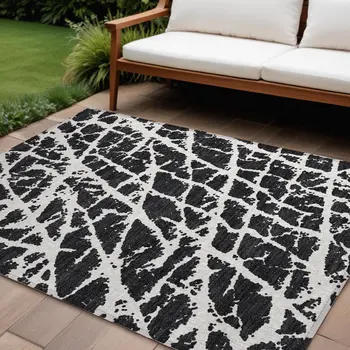 10' X 14' Black and White Abstract Washable Non Skid Indoor Outdoor Area Rug