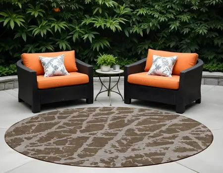 8' Round Brown Round Abstract Washable Non Skid Indoor Outdoor Area Rug