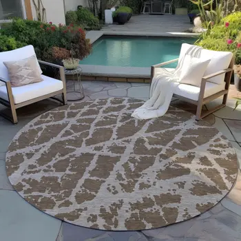 8' Round Brown Round Abstract Washable Non Skid Indoor Outdoor Area Rug