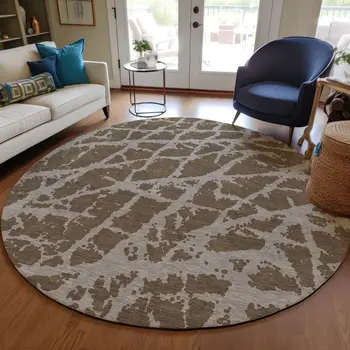8' Round Brown Round Abstract Washable Non Skid Indoor Outdoor Area Rug