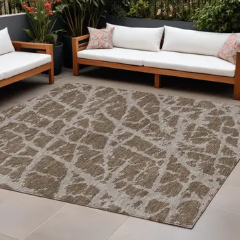 8' X 10' Brown Abstract Washable Non Skid Indoor Outdoor Area Rug