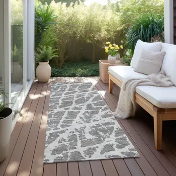 8' Runner Charcoal Abstract Washable Non Skid Indoor Outdoor Runner Rug