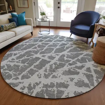 8' Round Charcoal Round Abstract Washable Non Skid Indoor Outdoor Area Rug