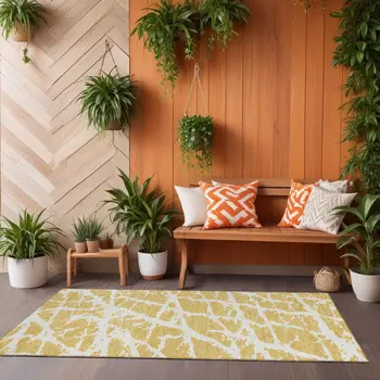 8' Runner Gold and White Abstract Washable Non Skid Indoor Outdoor Runner Rug