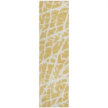 8' Runner Gold and White Abstract Washable Non Skid Indoor Outdoor Runner Rug