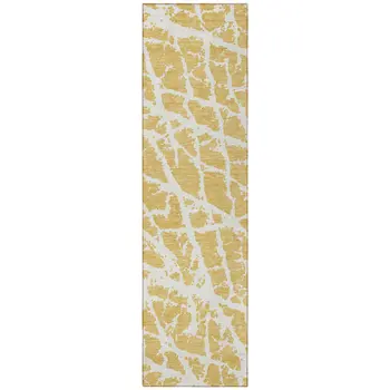 8' Runner Gold and White Abstract Washable Non Skid Indoor Outdoor Runner Rug