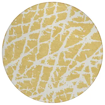 8' Round Gold and White Round Abstract Washable Non Skid Indoor Outdoor Area Rug
