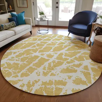 8' Round Gold and White Round Abstract Washable Non Skid Indoor Outdoor Area Rug