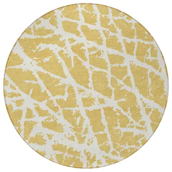 8' Round Gold and White Round Abstract Washable Non Skid Indoor Outdoor Area Rug