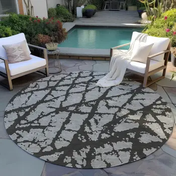 8' Round Gray and Black Round Abstract Washable Non Skid Indoor Outdoor Area Rug