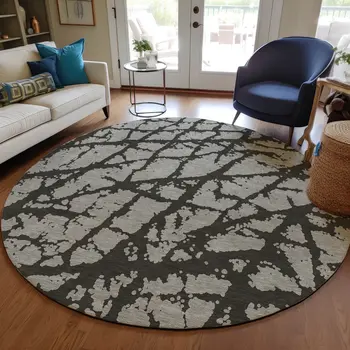 8' Round Gray and Black Round Abstract Washable Non Skid Indoor Outdoor Area Rug