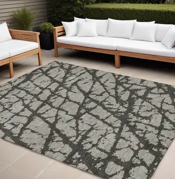 9' X 12' Gray and Black Abstract Washable Non Skid Indoor Outdoor Area Rug