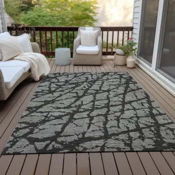 9' X 12' Gray and Black Abstract Washable Non Skid Indoor Outdoor Area Rug
