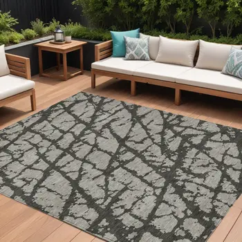 10' X 14' Gray and Black Abstract Washable Non Skid Indoor Outdoor Area Rug
