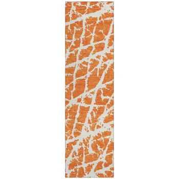 8' Runner Orange and White Abstract Washable Non Skid Indoor Outdoor Runner Rug