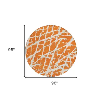 8' Round Orange and White Round Abstract Washable Non Skid Indoor Outdoor Area Rug