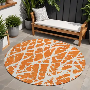 8' Round Orange and White Round Abstract Washable Non Skid Indoor Outdoor Area Rug