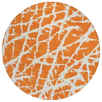 8' Round Orange and White Round Abstract Washable Non Skid Indoor Outdoor Area Rug