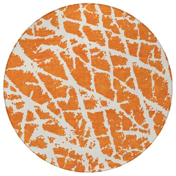 8' Round Orange and White Round Abstract Washable Non Skid Indoor Outdoor Area Rug