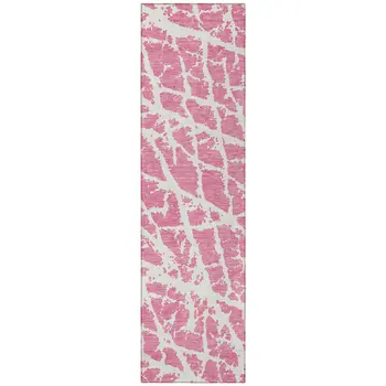 8' Runner Pink and Ivory Abstract Washable Non Skid Indoor Outdoor Runner Rug