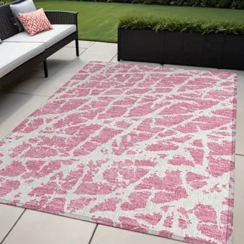 5' X 8' Pink and Ivory Abstract Washable Non Skid Indoor Outdoor Area Rug