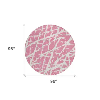 8' Round Pink and Ivory Round Abstract Washable Non Skid Indoor Outdoor Area Rug