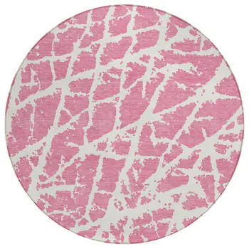 8' Round Pink and Ivory Round Abstract Washable Non Skid Indoor Outdoor Area Rug