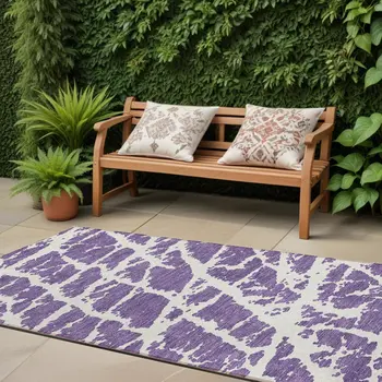 8' Runner Purple and White Abstract Washable Non Skid Indoor Outdoor Runner Rug