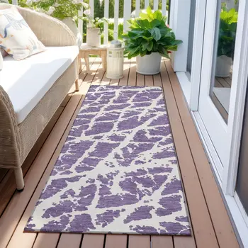 8' Runner Purple and White Abstract Washable Non Skid Indoor Outdoor Runner Rug