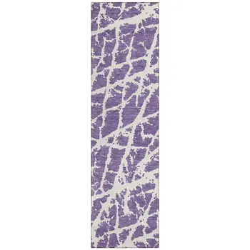 8' Runner Purple and White Abstract Washable Non Skid Indoor Outdoor Runner Rug