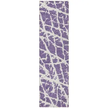 8' Runner Purple and White Abstract Washable Non Skid Indoor Outdoor Runner Rug