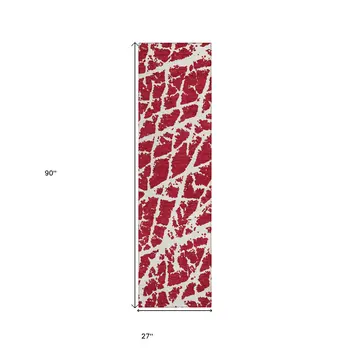 8' Runner Red and White Abstract Washable Non Skid Indoor Outdoor Runner Rug