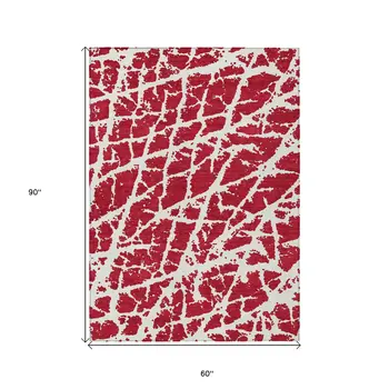 5' X 8' Red and White Abstract Washable Non Skid Indoor Outdoor Area Rug