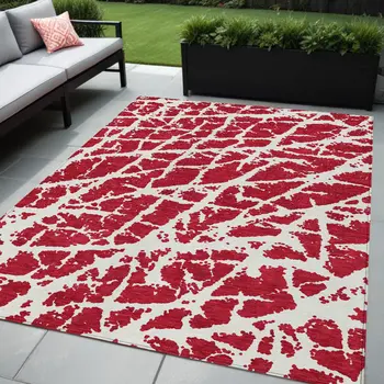 5' X 8' Red and White Abstract Washable Non Skid Indoor Outdoor Area Rug