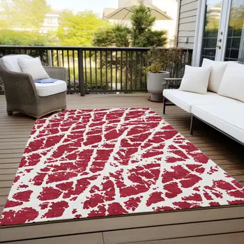 5' X 8' Red and White Abstract Washable Non Skid Indoor Outdoor Area Rug