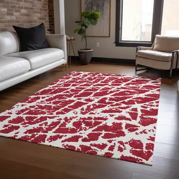 5' X 8' Red and White Abstract Washable Non Skid Indoor Outdoor Area Rug