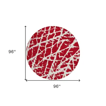 8' Round Red and White Round Abstract Washable Non Skid Indoor Outdoor Area Rug