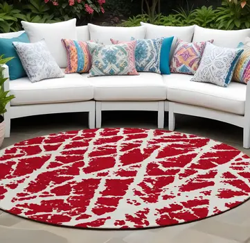 8' Round Red and White Round Abstract Washable Non Skid Indoor Outdoor Area Rug