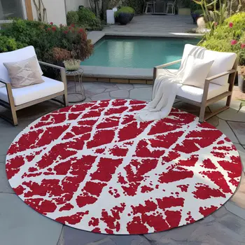 8' Round Red and White Round Abstract Washable Non Skid Indoor Outdoor Area Rug