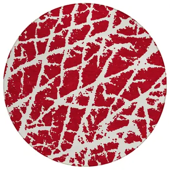 8' Round Red and White Round Abstract Washable Non Skid Indoor Outdoor Area Rug