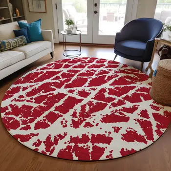 8' Round Red and White Round Abstract Washable Non Skid Indoor Outdoor Area Rug