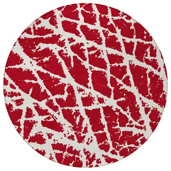 8' Round Red and White Round Abstract Washable Non Skid Indoor Outdoor Area Rug