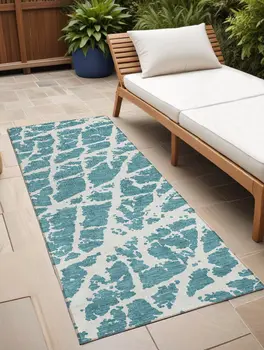 8' Runner Teal Abstract Washable Non Skid Indoor Outdoor Runner Rug