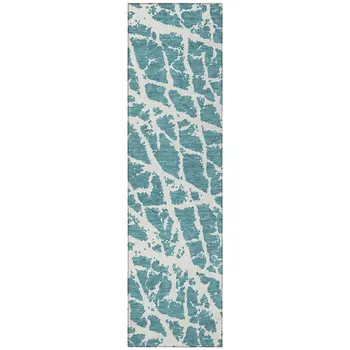 8' Runner Teal Abstract Washable Non Skid Indoor Outdoor Runner Rug