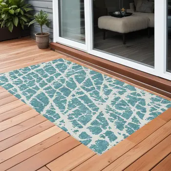 3' X 5' Teal Abstract Washable Non Skid Indoor Outdoor Area Rug